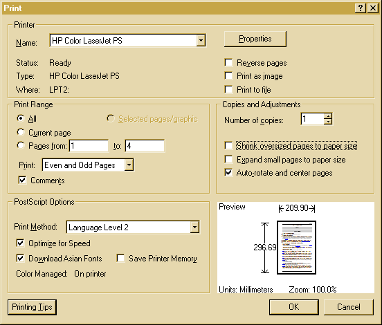 Print Dialog Window of Adobe Acrobat Reader 5.0